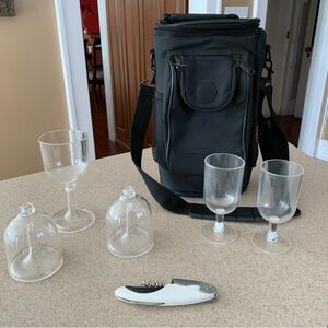 Travel Wine Cooler with 5 Plastic Wine Glasses and Corkscrew